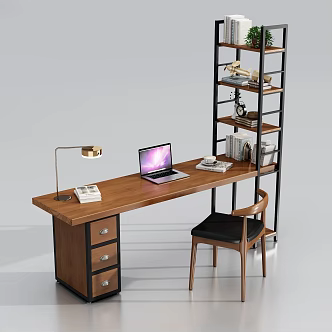 Industrial Style Desk Bookshelf Loft Desk Chair Steel Wood Office Desk Chair Ironwork Bookshelf Integrated Desk Bookshelf 3d model