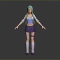 Game Movie Character With Green Hair Blue Headband Purple Skirt White Long Socks And Blue Top