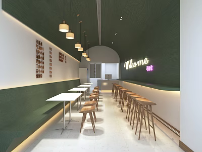 Modern Restaurant Interior With Green Walls Pendant Lights Tables Bar Stools And Neon Home Sign 3d model