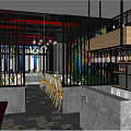 Stylish Restaurant Interior With Red Sofa Seats Floral Wall Colorful Mural Bar And Wine Bottles