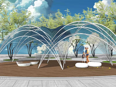 Modern Garden Landscape with Arched Structure Wooden Platform White Seating Trees and Blue Sky 3d model
