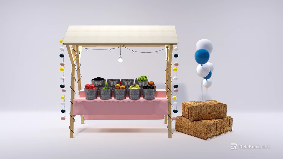 Vibrant Fruit Stand With Wooden Canopy Pink Tablecloth Metal Buckets Fruits String Lights And Straw Bales 3d model 