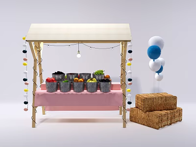 Vibrant Fruit Stand With Wooden Canopy Pink Tablecloth Metal Buckets Fruits String Lights And Straw Bales 3d model