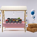Vibrant Fruit Stand With Wooden Canopy Pink Tablecloth Metal Buckets Fruits String Lights And Straw Bales