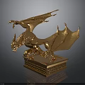 Golden Dragon Sculpture Standing On Intricate Carved Base With Detailed Design