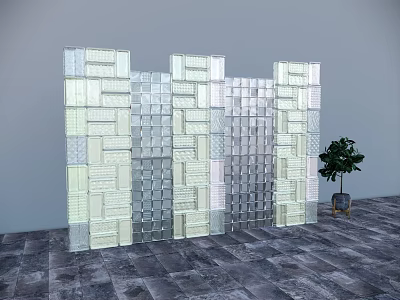 Decorative Glass Block Wall With Transparent And Translucent Blocks And Green Plant On Gray Tiles 3d model