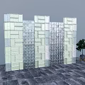 Decorative Glass Block Wall With Transparent And Translucent Blocks And Green Plant On Gray Tiles