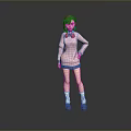 Game Movie Character In Pink Sweater With Bow Blue Skirt And Red Shoes Standing