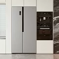 Modern Kitchen With Stainless Steel Double Door Refrigerator And Built In Appliances