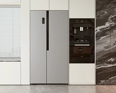 Modern Kitchen With Stainless Steel Double Door Refrigerator And Built In Appliances 3d model