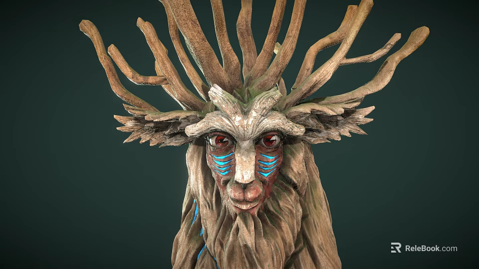 Mystical Forest Creature Character Featuring Wooden Branch Antlers Blue Facial Markings And Red Eyes 3d model 