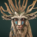 Mystical Forest Creature Character Featuring Wooden Branch Antlers Blue Facial Markings And Red Eyes
