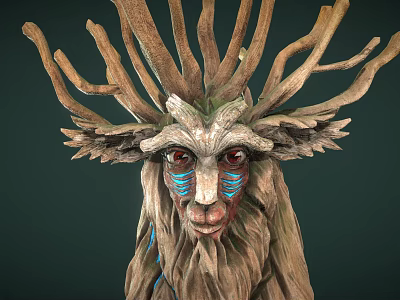 Mystical Forest Creature Character Featuring Wooden Branch Antlers Blue Facial Markings And Red Eyes 3d model