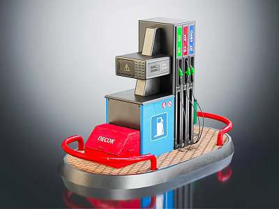 Detailed Gas Station Model With Fuel Pumps Red Blue Sections And Circular Platform 3d model