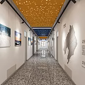 School Corridor Featuring Blue Yellow Walls Yellow Star Ceiling Signage Posters and Floor Tiles