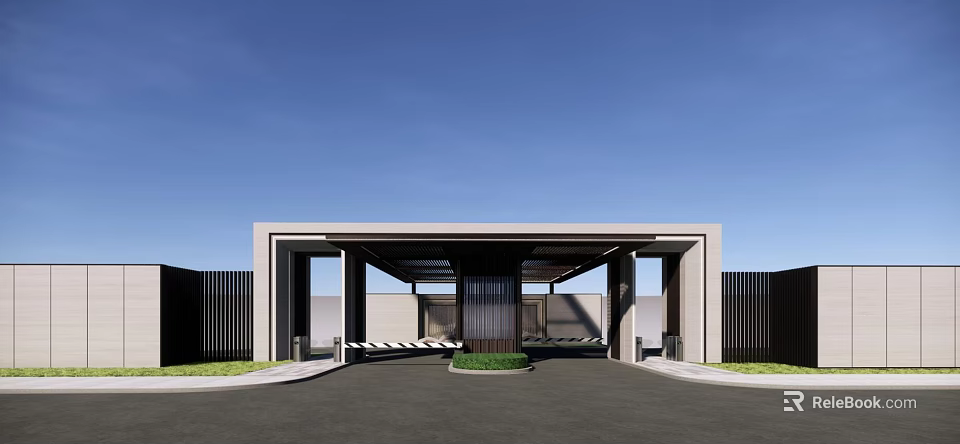 Modern Entrance Gate Design With Covered Canopy And Minimalist Landscaping 3d model 