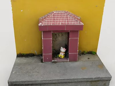 Residential Building Exterior With Yellow Wall Red Tiled Roof And Cat Doll At Entrance 3d model