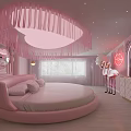 Pink Hotel Room Interior With Round Bed Heart Shaped Decor And Pink Drapes