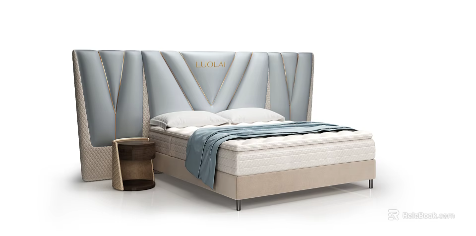 Elegant Background Double Bed With LUOLAI Light Blue Headboard Gold Trim And Brown Nightstand 3d model 