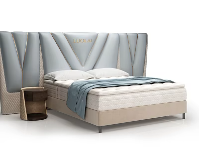 Elegant Background Double Bed With LUOLAI Light Blue Headboard Gold Trim And Brown Nightstand 3d model