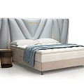 Elegant Background Double Bed With LUOLAI Light Blue Headboard Gold Trim And Brown Nightstand