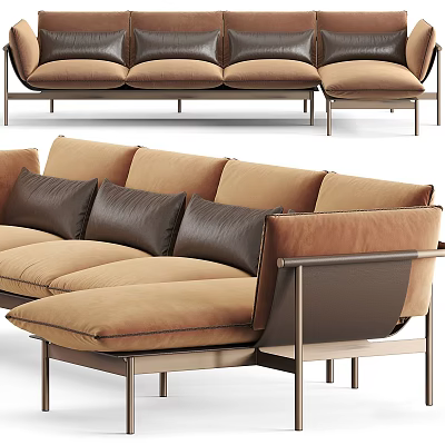 Brown Sectional Sofa With Leather Cushions Metal Frame And Modern Design 3d model