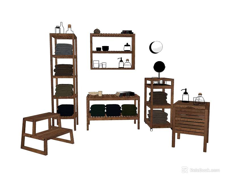 Wooden Shelving Units Storage Design With Various Height Shelves And Towels Toiletries 3d model 