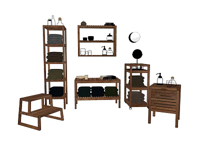 Wooden Shelving Units Storage Design With Various Height Shelves And Towels Toiletries 3d model
