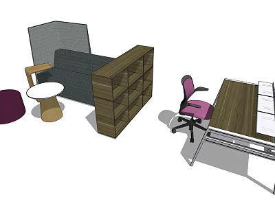Modern Office Desk Setup With Ergonomic Chair Bookshelf Sofa And Round Table 3d model
