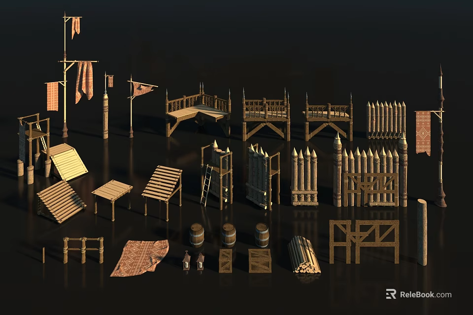 Medieval Wooden Scene Components With Fences Tables Benches Barrels Flags Ladders And Mats 3d model 