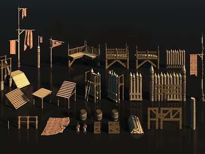 Medieval Wooden Scene Components With Fences Tables Benches Barrels Flags Ladders And Mats 3d model