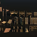Medieval Wooden Scene Components With Fences Tables Benches Barrels Flags Ladders And Mats