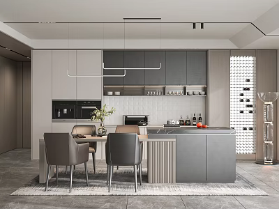 Modern Restaurant Kitchen With Minimalist Gray Beige Cabinetry Island Counter Dining Table And Wine Rack 3d model