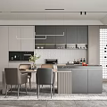 Modern Restaurant Kitchen With Minimalist Gray Beige Cabinetry Island Counter Dining Table And Wine Rack