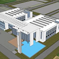 Modern Sales Office Building With Large Glass Curtain Walls Steel Frame And Lawn Water Feature