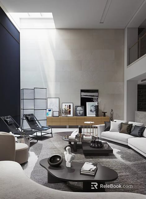 Modern Duplex Living Room with Sunlight Floor-to-Ceiling Windows White Walls Black Metal Furniture Gray Sofa 3d model 