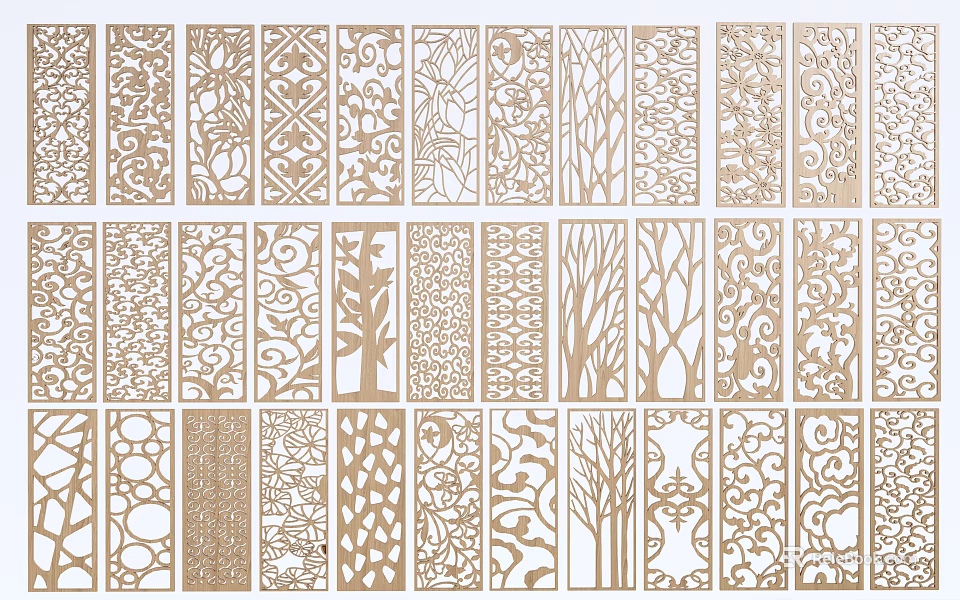 Decorative Wooden Room Dividers With Intricate Carved Floral Geometric Tree Patterns 3d model 