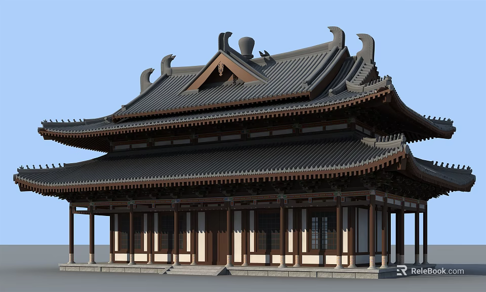Traditional Chinese Ancient Architecture With Double Tiered Roof Black Tiles Upturned Eaves And Wooden Columns 3d model 