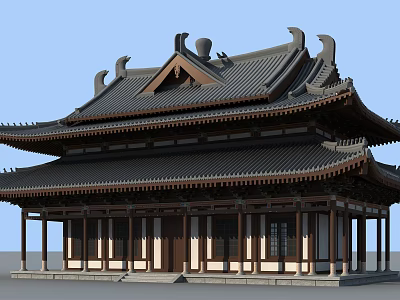 Traditional Chinese Ancient Architecture With Double Tiered Roof Black Tiles Upturned Eaves And Wooden Columns 3d model