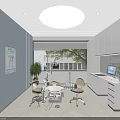 Dental Clinic Interior With Blue Walls White Cabinets Dental Chairs And Medical Equipment