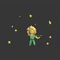 Blonde Child In Green Outfit Interacting With Floating Yellow Stars
