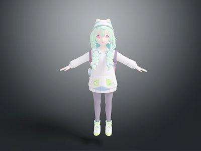 Game And Movie Character With Light Green Hair White Hoodie Green Patterns And Green Sneakers 3d model