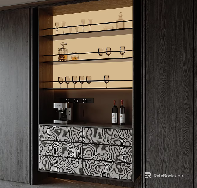 Modern Wine Cabinet With Glass Shelves Wine Glasses Wine Bottles And Patterned Drawers 3d model 