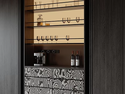 Modern Wine Cabinet With Glass Shelves Wine Glasses Wine Bottles And Patterned Drawers 3d model
