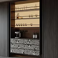 Modern Wine Cabinet With Glass Shelves Wine Glasses Wine Bottles And Patterned Drawers