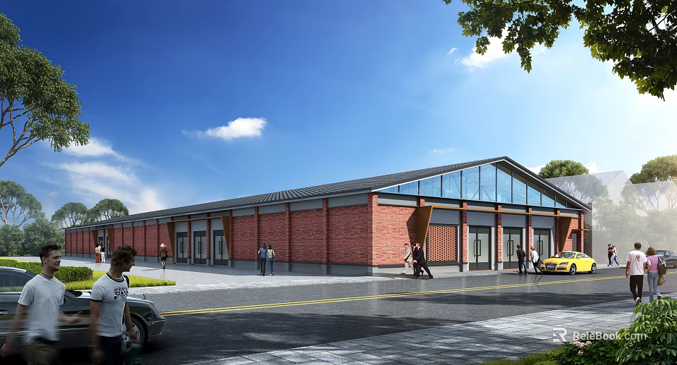 Red Brick Industrial Factory Building With Large Glass Windows Gray Roof And Surrounding Greenery 3d model 