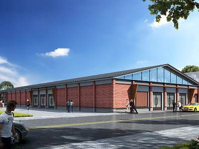 Red Brick Industrial Factory Building With Large Glass Windows Gray Roof And Surrounding Greenery 3d model