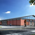 Red Brick Industrial Factory Building With Large Glass Windows Gray Roof And Surrounding Greenery