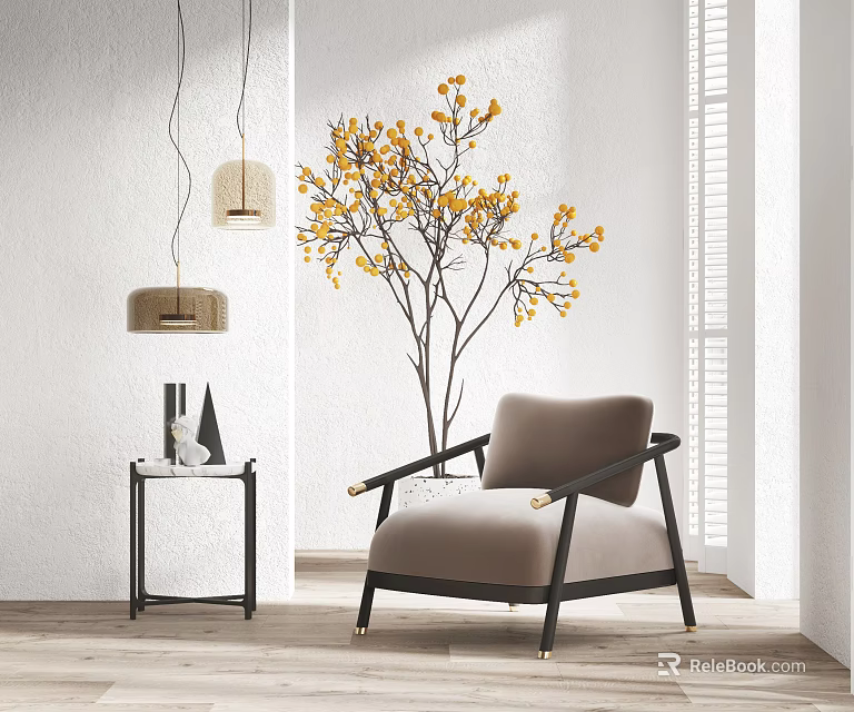Beige Single Sofa with Black Frame Gold Arm Accents Side Table and Pendant Lights 3d model 