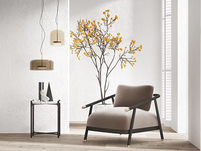 Beige Single Sofa with Black Frame Gold Arm Accents Side Table and Pendant Lights 3d model